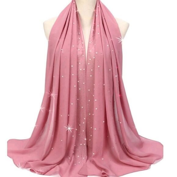 Stunning Pink Rose Chiffon Pearls and Rhinestones Scarf